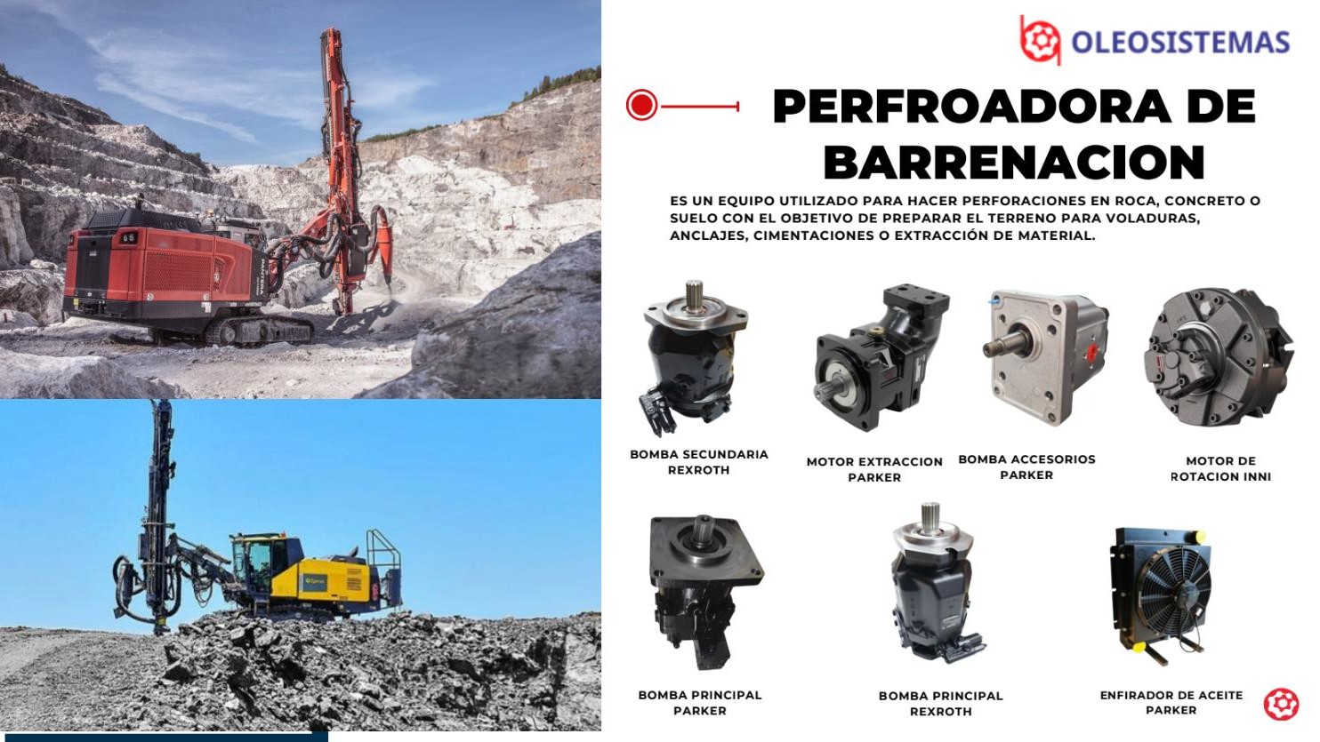 Slide cielo abierto – Perforadora de barrenación – componentes hidráulicos Perforadora de barrenación. Es un equipo utilizado para hacer perforaciones en roca, concreto o suelo con el objetivo de preparar el terreno para voladuras, anclajes, cimentaciones o extracción de material. Componentes: bomba secundaria Rexroth, motor de extracción Parker, bomba de accesorios Parker, motor de rotación INNI, bomba principal Parker, bomba principal Rexroth y enfriador de aceite Parker.