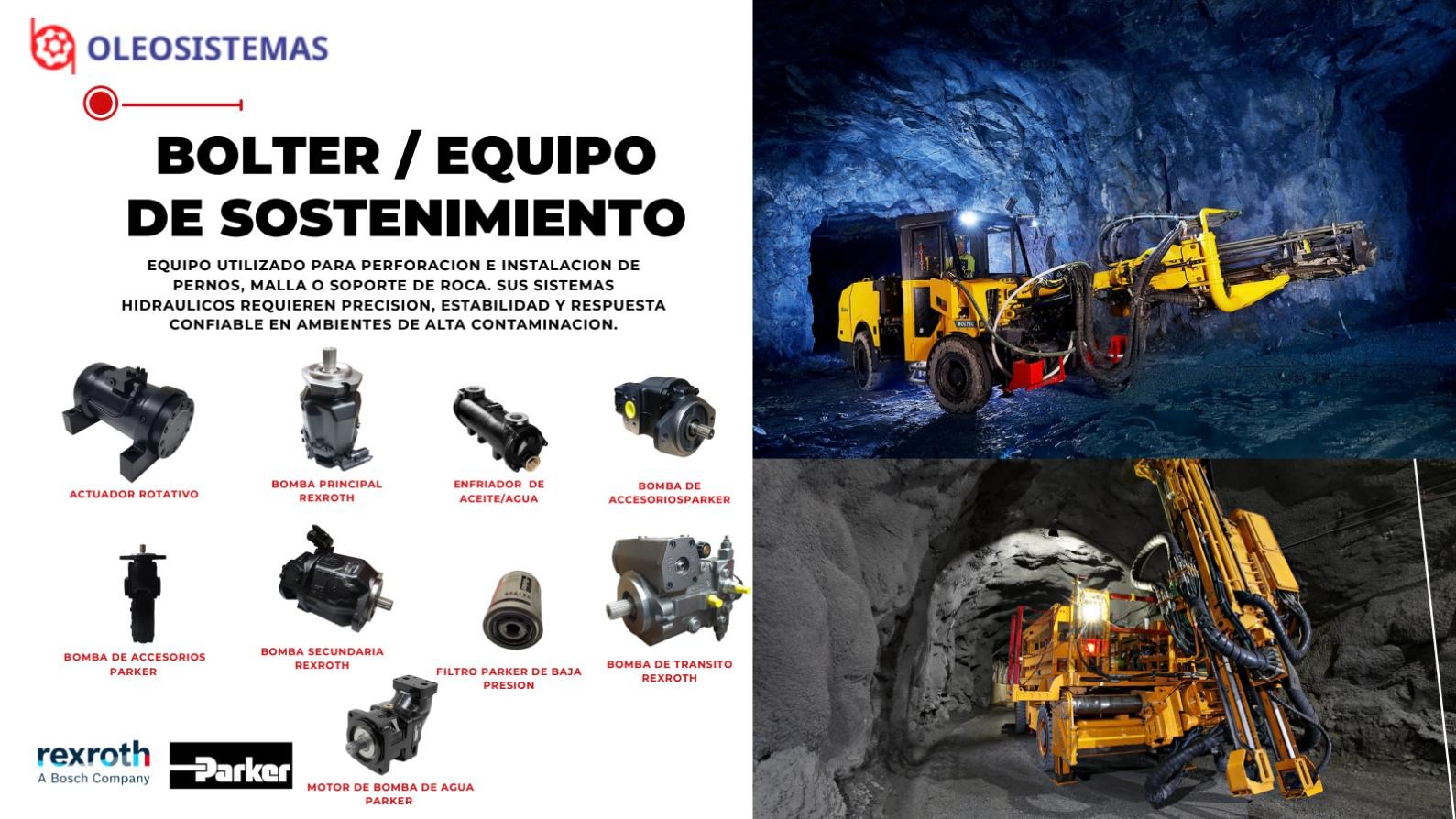 Slide minería – Bolter – componentes hidráulicos Bolter / equipo de sostenimiento. Equipo utilizado para perforación e instalación de pernos, malla o soporte de roca. Componentes: actuador rotativo, bomba principal Rexroth, enfriador de aceite/agua, bombas de accesorios Parker, bomba secundaria Rexroth, filtro Parker de baja presión, bomba de tránsito Rexroth y motor de bomba de agua Parker.