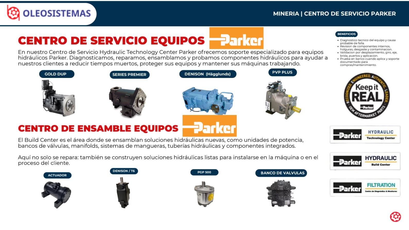 Slide minería – Centro de servicio Parker Hydraulic Technology Center y Build Center Parker: Gold Cup, Series Premier, Denison (Hägglunds), PVP Plus, actuadores, Denison T6, PGP 500 y bancos de válvulas.