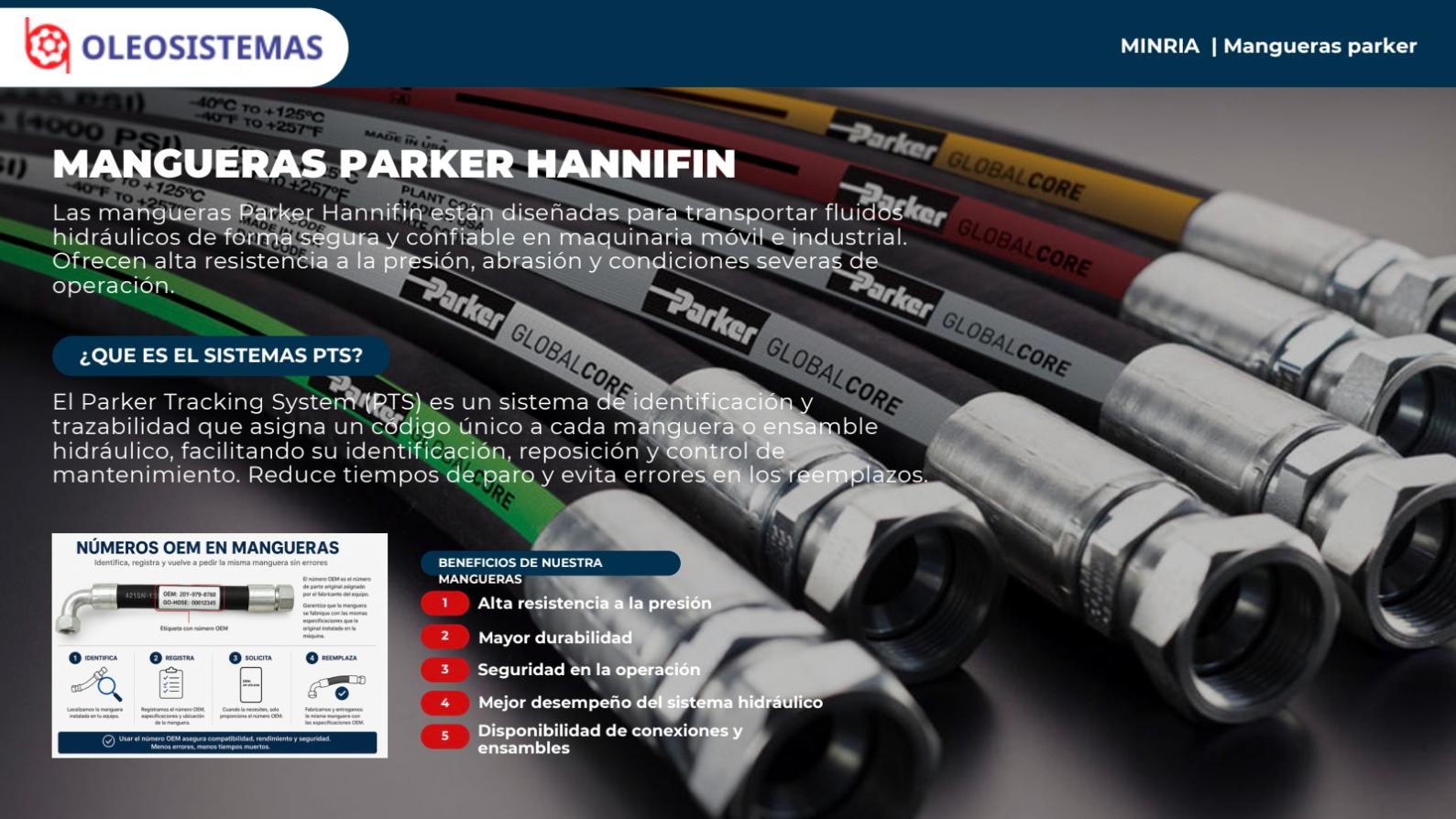 Slide minería – Mangueras hidráulicas Mangueras Parker Hannifin y Parker Tracking System (PTS) para identificación y trazabilidad de cada manguera.