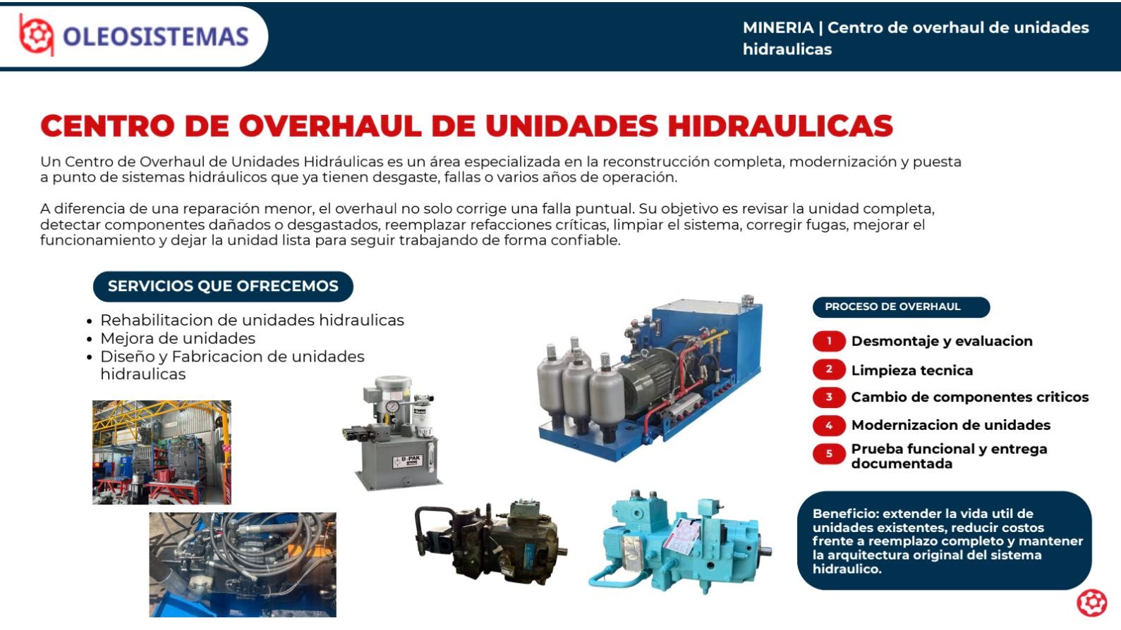 Slide minería – Overhaul de componentes hidráulicos Centro de overhaul: rehabilitación, mejora, diseño y fabricación de unidades hidráulicas. Proceso: desmontaje y evaluación, limpieza técnica, cambio de componentes críticos, modernización, prueba funcional y entrega documentada.